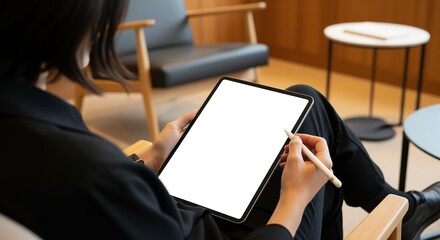 A woman holds a tablet with a blank white screen while sitting in a modern living room. Perfect for showcasing apps, websites, or digital content in a cozy home setting.