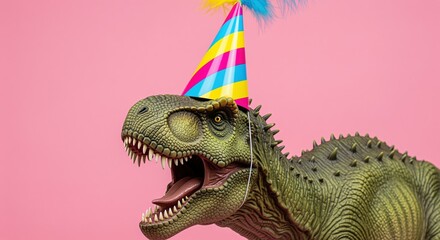 Green dinosaur toy wearing a colorful striped party hat on a pink background. Fun concept for birthday celebrations, kids parties, or playful event invitations. Cheerful and humorous design.