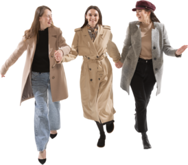 Three women walking together in coats on transparent background. Concept of group lifestyle scenes, winter fashion presentation, social media branding.