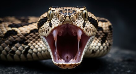 A snake with its mouth wide open showing sharp fangs and pink interior. The detailed scales and threatening pose make it perfect for wildlife content, danger warnings, or nature education materials.