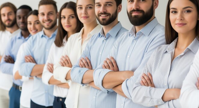 Group of confident professionals standing in a line with arms crossed. Their friendly expressions show unity and teamwork. Perfect for business presentations and corporate websites.