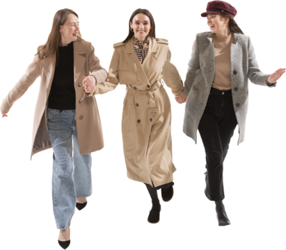 Three women walking together in coats on transparent background. Concept of group lifestyle scenes, winter fashion presentation, social media branding.