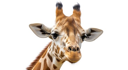 Close-up of a giraffe head with distinctive brown patches and ossicones against white background. Perfect for wildlife projects, educational materials, or nature-themed designs.
