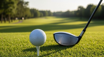 White golf ball on tee with club driver ready to swing on green fairway. Trees line the course under soft daylight. Perfect for sports themes, leisure activities, and golfing content.
