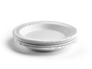 Stack of white disposable paper plates on a plain background