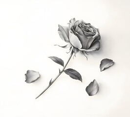 Detailed graphite drawing of a single rose with fallen petals on a white background