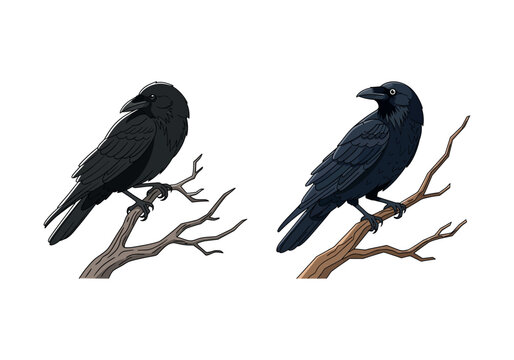 Two Detailed Illustrations of Crows Perched on Branches with a Realistic Appearance
