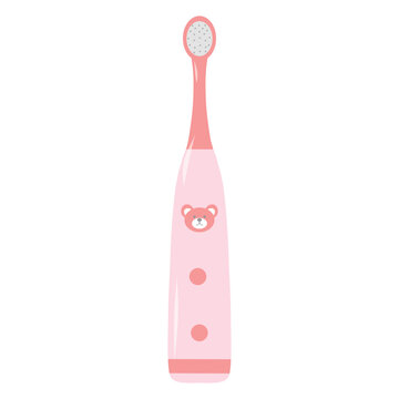Kids electric toothbrush, pink rechargeable brush. Child toothbrush vector, rechargeable with animal icon. Children&rsquo;s electric brush, cute bathroom tool