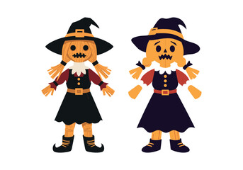 Two Halloween scarecrow girls in costumes, festive seasonal characters, vector design on white background