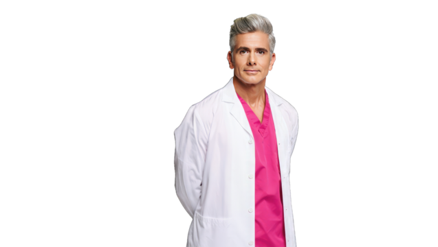 Man in White Lab Coat and Pink Scrubs isolated on a transparent background