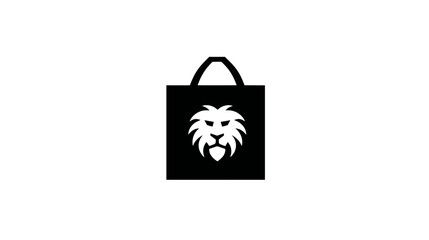 Black shopping bag icon with majestic white lion head emblem on white background. Retail, commerce, and strength concept graphic.