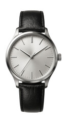 Silver wristwatch featuring a black leather band and a sleek, minimalist face.