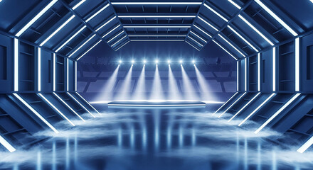 a futuristic stage illuminated by bright cool toned lights descends into a smoky darkened arena with an octagonal structural design high quality professional