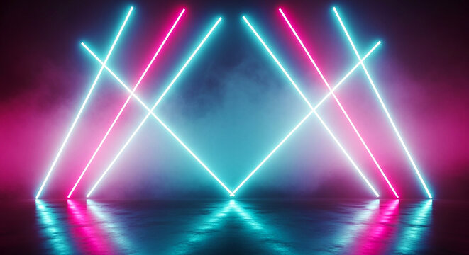a vibrant and abstract display of neon lights creates a futuristic atmosphere with intersecting lines set against a dark smoky background high quality