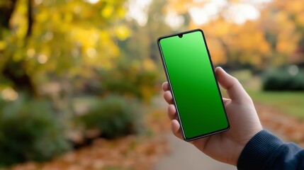Hand holding mobile device with green screen in autumn park, surrounded by colorful foliage and soft sunlight, showcasing technology and nature in harmony with copy space