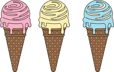 Three Ice Cream Cones Vector Set, Colorful Summer Dessert with Swirling Pink, Yellow, and Blue Scoops