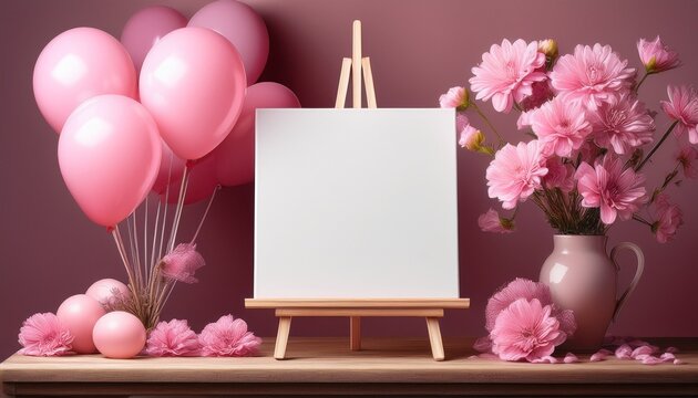 blank canvas on easel pink balloons flowers