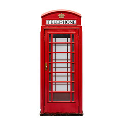 Obraz premium Classic Red Telephone Booth Standing Alone in a Quiet Urban Street