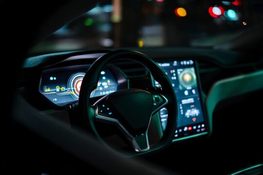 Discover cutting-edge technology with this futuristic electric car interior, showcasing advanced dashboard features and sleek design innovation. - Powered by Adobe