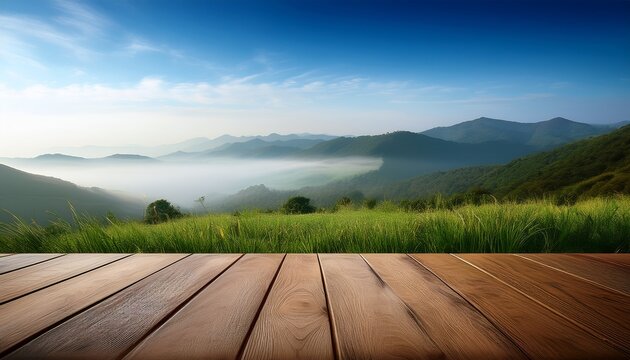 wooden surface overlooking a misty mountain range and green meadow ideal fresh and calming background for showcasing products or main visual design space available for text