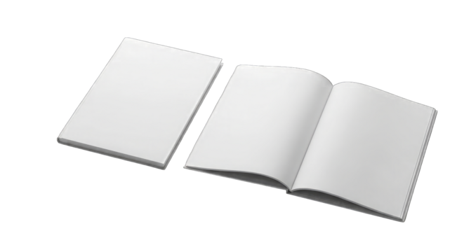 Open and closed blank white books isolated on a transparent background