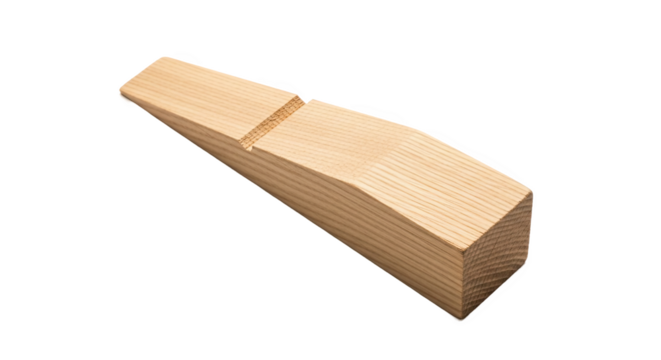 Wooden wedge with tapered shape and visible grain—used for splitting, lifting, or securing in carpentry, construction, or mechanical tasks