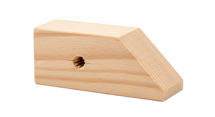 Wooden trapezoidal block with central hole and sloped edge—used in construction, woodworking, or educational settings to demonstrate geometry or mechanical principles