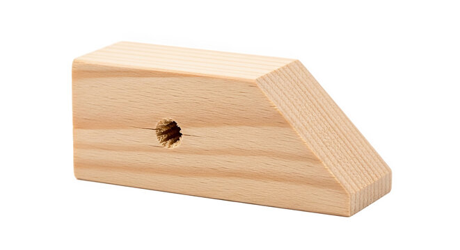 Wooden trapezoidal block with central hole and sloped edge—used in construction, woodworking, or educational settings to demonstrate geometry or mechanical principles
