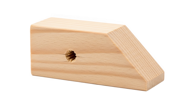 Wooden trapezoidal block with central hole and sloped edge—used in construction, woodworking, or educational settings to demonstrate geometry or mechanical principles