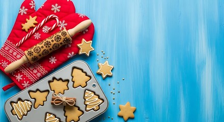 Christmas baking in progress with oven mitts, rolling pin, cookie cutters and freshly baked star-shaped cookies on a blue background