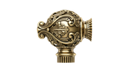 Ornate gold finial with leaf and scroll motifs, fluted base, and polished finish—used as a decorative end piece for curtain rods or fixtures in classical interior design