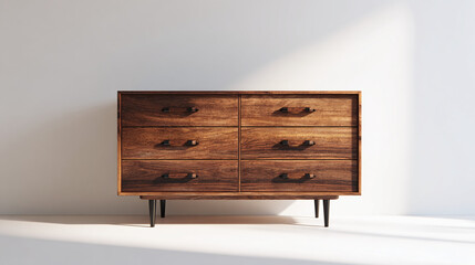 A vintage wooden dresser against a plain backdrop, with natural light creating shadows and highlighting its textures