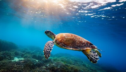 peaceful sea turtle swimming in deep azure waters illuminated by golden sunrays