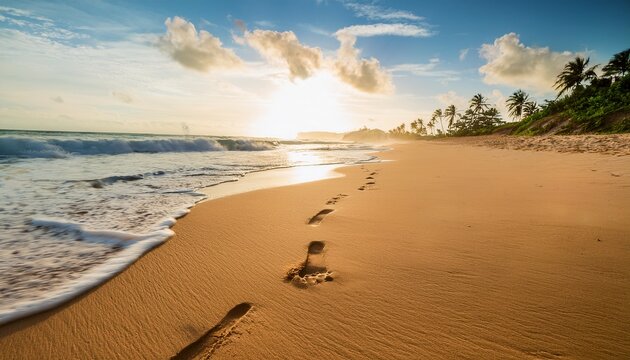tranquil beach scene with footprints in the sand creates a sense of escape and relaxation for travel and lifestyle campaigns evoking peaceful vacation vibes