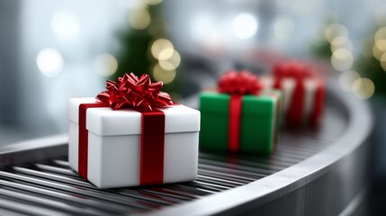 Christmas presents on an industrial conveyor belt, showcasing vibrant colors and festive decorations, creating a joyful holiday atmosphere with gifts ready for delivery