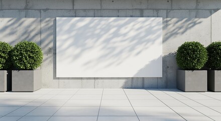 Modern outdoor setting with blank white billboard on concrete wall. Two green bushes in square planters flank the empty sign. Ideal for advertising mockups and branding presentations.