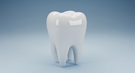 White tooth model stands on a soft blue background. Perfect for dental care materials, health campaigns, or orthodontic services. Clean design works well for clinic branding.