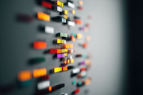 Abstract tech pattern with glowing colorful blocks in shallow depth focus