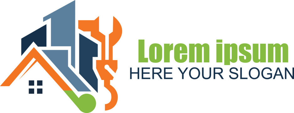 Abstract logo for construction, home repair, and plumbing, with house, wrench, and pipe element, isolated on white background