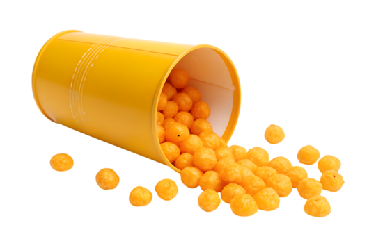 Overflowing yellow container with round candies on transparent background