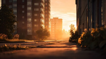 Sunrise casts warm glow on apartment buildings and street in residential area.