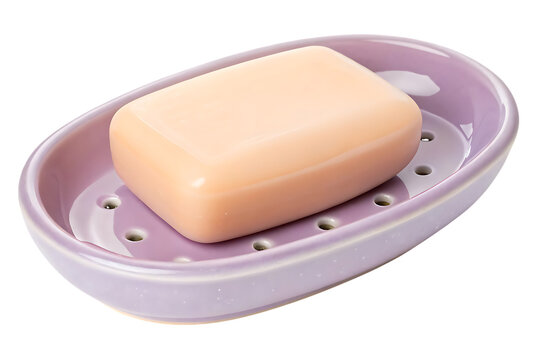 Soap bar in lavender ceramic dish on white background