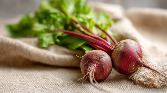 Fresh beets with soil on burlap cloth for organic gardening concept