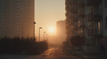 Sunrise over apartment buildings walkway with streetlights and fog