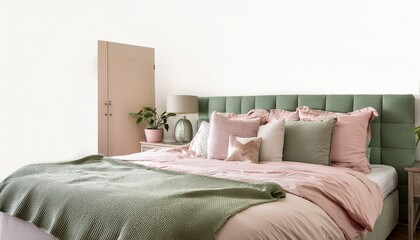 serene master bedroom with blush pink and sage green color scheme