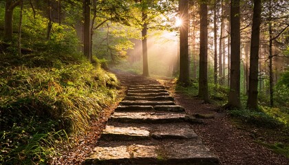 stone steps in a forest at dawn sunlight filters through trees