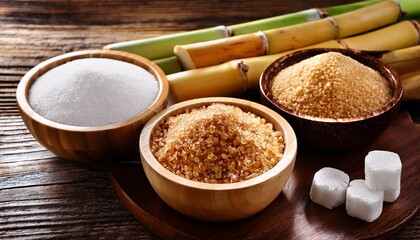 sugar varieties in wooden bowls with sugarcane stalks