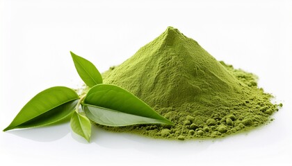 green tea powder and leaves on white background