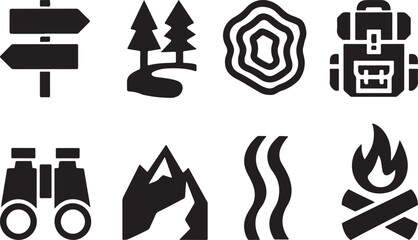 Brutalist Hiking Icons Set – Minimalist Line Art Outdoor Adventure Symbols.