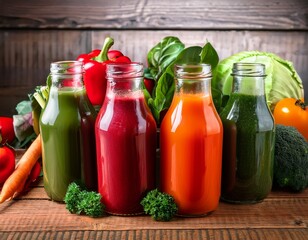 assorted vibrant vegetable juices and smoothies made from tomato carrot pepper cabbage spinach and beetroot in glass bottles on a rustic wooden table promoting vegetarian cuisine and beverages